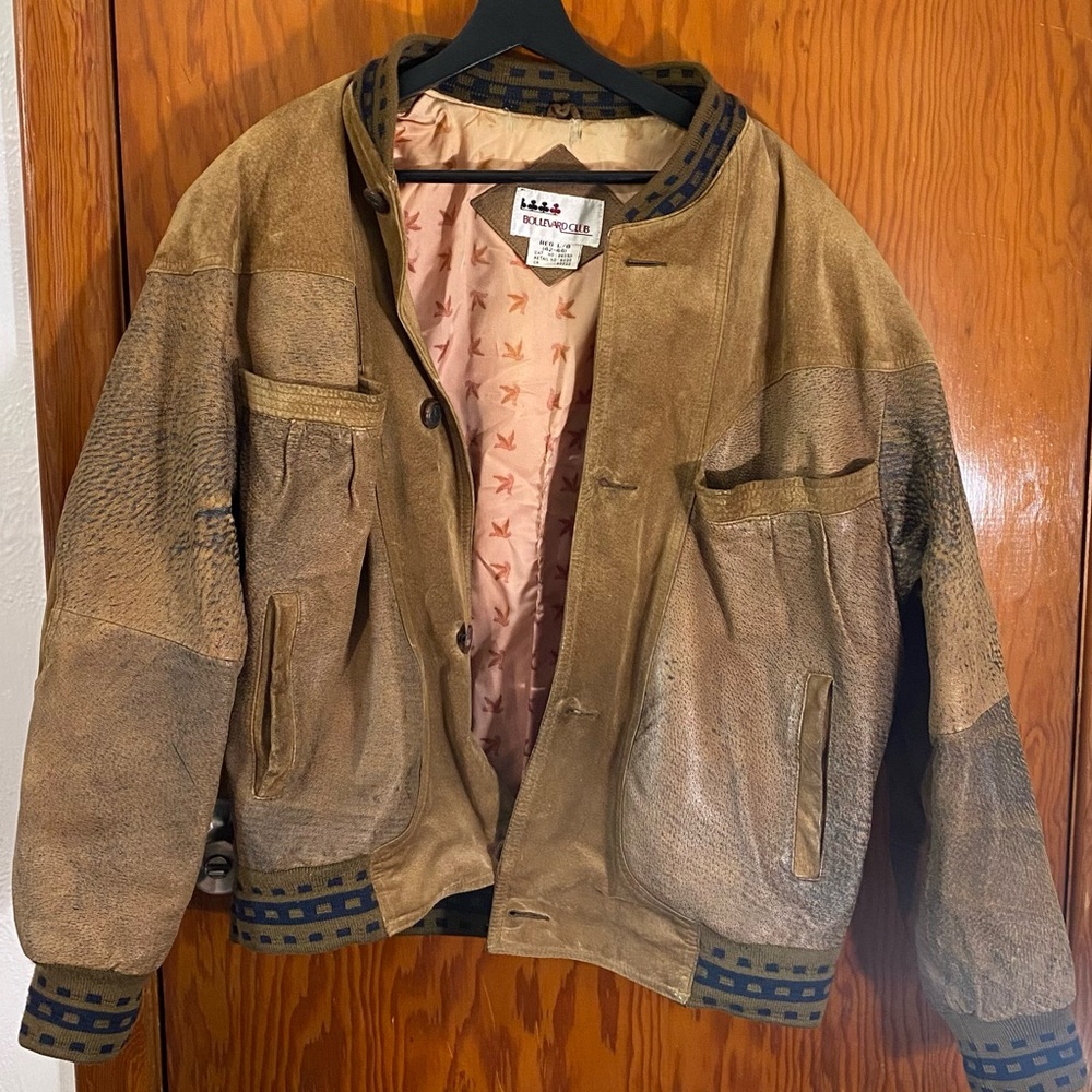 Boulevard Club Vintage Leather Tan and Brown Bomber Jacket Large